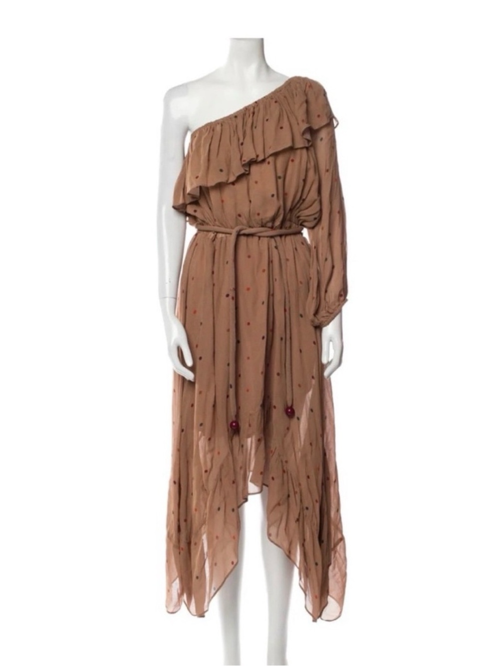 Farm Rio One-Shoulder Brown Polka Dot Dress